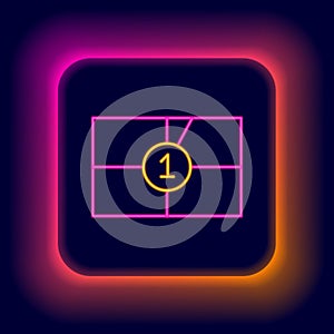 Glowing neon line Old film movie countdown frame icon isolated on black background. Vintage retro cinema timer count