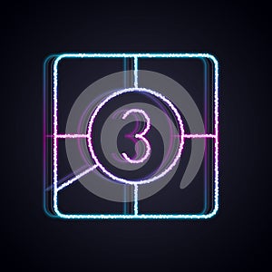 Glowing neon line Old film movie countdown frame icon isolated on black background. Vintage retro cinema timer count