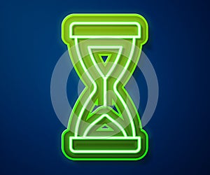 Glowing neon line Old hourglass with flowing sand icon isolated on blue background. Sand clock sign. Business and time