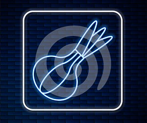 Glowing neon line Onion icon isolated on brick wall background. Vector