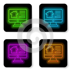 Glowing neon line Online real estate house on monitor icon isolated on white background. Home loan concept, rent, buy