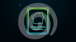 Glowing neon line Online real estate house on tablet icon isolated on black background. Home loan concept, rent, buy