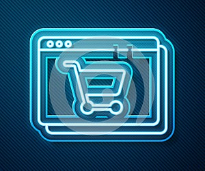 Glowing neon line Online shopping on screen icon isolated on blue background. Concept e-commerce, e-business, online