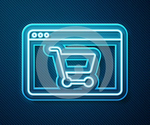 Glowing neon line Online shopping on screen icon isolated on blue background. Concept e-commerce, e-business, online
