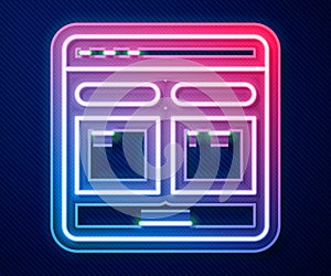 Glowing neon line Online translator icon isolated on blue background. Foreign language conversation icons in chat speech
