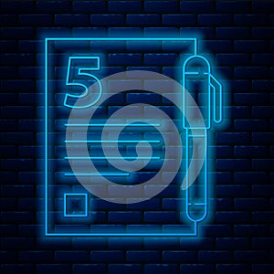Glowing neon line Open book icon isolated on brick wall background. Vector Illustration