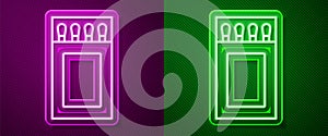 Glowing neon line Open matchbox and matches icon isolated on purple and green background. Vector