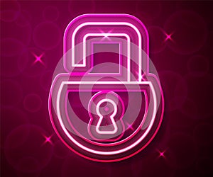 Glowing neon line Open padlock icon isolated on red background. Opened lock sign. Cyber security concept. Digital data