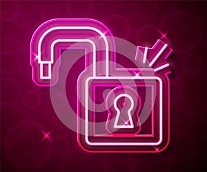 Glowing neon line Open padlock icon isolated on red background. Opened lock sign. Cyber security concept. Digital data