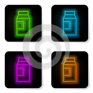 Glowing neon line Paper package for milk icon isolated on white background. Milk packet sign. Black square button