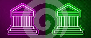 Glowing neon line Parthenon from Athens, Acropolis, Greece icon isolated on purple and green background. Greek ancient