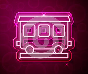 Glowing neon line Passenger train cars icon isolated on red background. Railway carriage. Vector