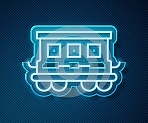 Glowing neon line Passenger train cars toy icon isolated on blue background. Railway carriage. Vector