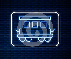 Glowing neon line Passenger train cars toy icon isolated on brick wall background. Railway carriage. Vector