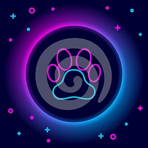 Glowing neon line Paw print icon isolated on black background. Dog or cat paw print. Animal track. Colorful outline