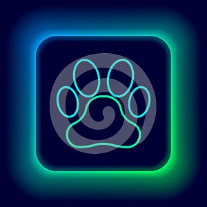 Glowing neon line Paw print icon isolated on black background. Dog or cat paw print. Animal track. Colorful outline