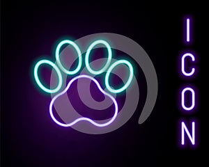 Glowing neon line Paw print icon isolated on black background. Dog or cat paw print. Animal track. Colorful outline