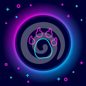 Glowing neon line Paw print icon isolated on black background. Dog or cat paw print. Animal track. Colorful outline