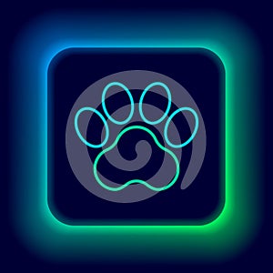 Glowing neon line Paw print icon isolated on black background. Dog or cat paw print. Animal track. Colorful outline