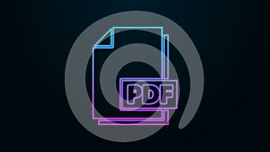 Glowing neon line PDF file document. Download pdf button icon isolated on black background. PDF file symbol. 4K Video