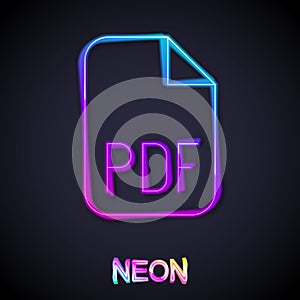 Glowing neon line PDF file document. Download pdf button icon isolated on black background. PDF file symbol. Vector