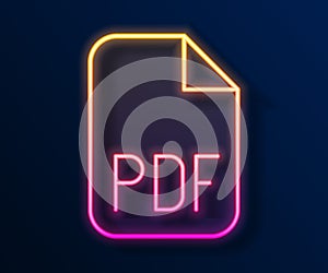 Glowing neon line PDF file document. Download pdf button icon isolated on black background. PDF file symbol. Vector