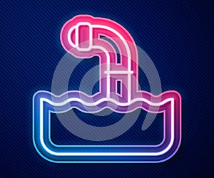 Glowing neon line Periscope in the waves above the water icon isolated on blue background. Vector