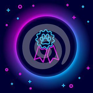 Glowing neon line Pet award symbol icon isolated on black background. Badge with dog or cat paw print and ribbons. Medal