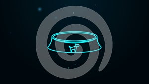 Glowing neon line Pet food bowl for cat or dog icon isolated on black background. 4K Video motion graphic animation