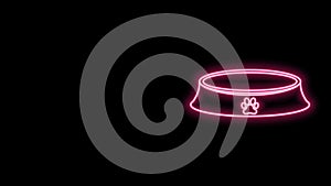 Glowing neon line Pet food bowl for cat or dog icon isolated on black background. Dog or cat paw print. 4K Video motion