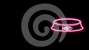 Glowing neon line Pet food bowl for cat or dog icon isolated on black background. Fish skeleton sign. 4K Video motion