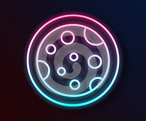 Glowing neon line Petri dish with bacteria icon isolated on black background. Vector
