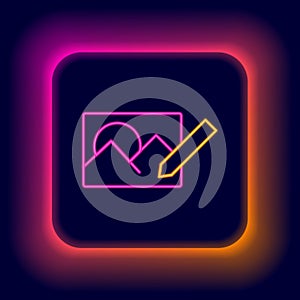 Glowing neon line Photo retouching icon isolated on black background. Photographer, photography, retouch icon. Colorful