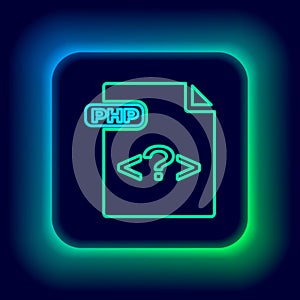 Glowing neon line PHP file document. Download php button icon isolated on black background. PHP file symbol. Colorful