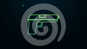 Glowing neon line Pistol or gun icon isolated on black background. Police or military handgun. Small firearm. 4K Video
