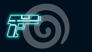 Glowing neon line Pistol or gun icon isolated on black background. Police or military handgun. Small firearm. 4K Video