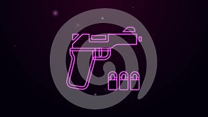 Glowing neon line Pistol or gun icon isolated on black background. Police or military handgun. Small firearm. 4K Video