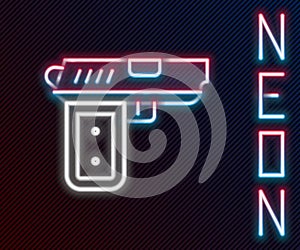 Glowing neon line Pistol or gun icon isolated on black background. Police or military handgun. Small firearm. Colorful