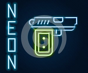 Glowing neon line Pistol or gun icon isolated on black background. Police or military handgun. Small firearm. Colorful