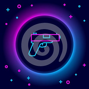 Glowing neon line Pistol or gun icon isolated on black background. Police or military handgun. Small firearm. Colorful