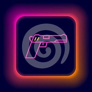 Glowing neon line Pistol or gun icon isolated on black background. Police or military handgun. Small firearm. Colorful