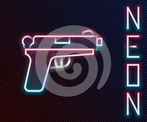 Glowing neon line Pistol or gun icon isolated on black background. Police or military handgun. Small firearm. Colorful