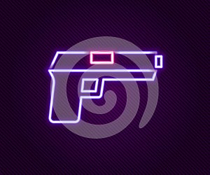 Glowing neon line Pistol or gun icon isolated on black background. Police or military handgun. Small firearm. Colorful