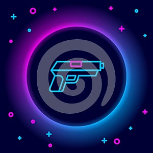 Glowing neon line Pistol or gun icon isolated on black background. Police or military handgun. Small firearm. Colorful