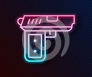 Glowing neon line Pistol or gun icon isolated on black background. Police or military handgun. Small firearm. Vector