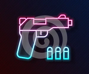 Glowing neon line Pistol or gun icon isolated on black background. Police or military handgun. Small firearm. Vector