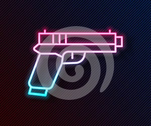 Glowing neon line Pistol or gun icon isolated on black background. Police or military handgun. Small firearm. Vector