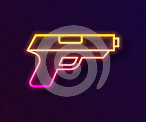 Glowing neon line Pistol or gun icon isolated on black background. Police or military handgun. Small firearm. Vector