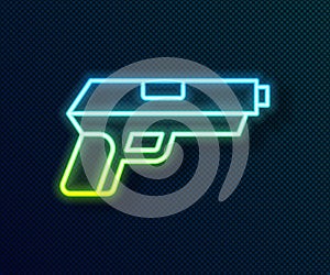 Glowing neon line Pistol or gun icon isolated on black background. Police or military handgun. Small firearm. Vector