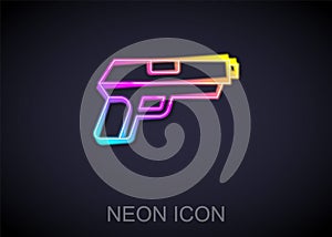 Glowing neon line Pistol or gun icon isolated on black background. Police or military handgun. Small firearm. Vector